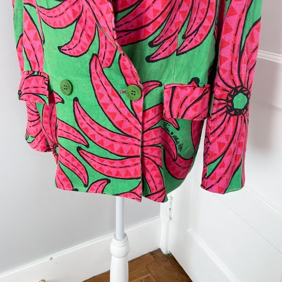 Farm Rio Linen Blazer Jacket Womens Size Small Pink Green Banana Pitta Oversized - Picture 4 of 12